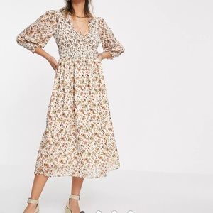 ASOS DESIGN midi smock dress with shirred cuffs in cream floral print